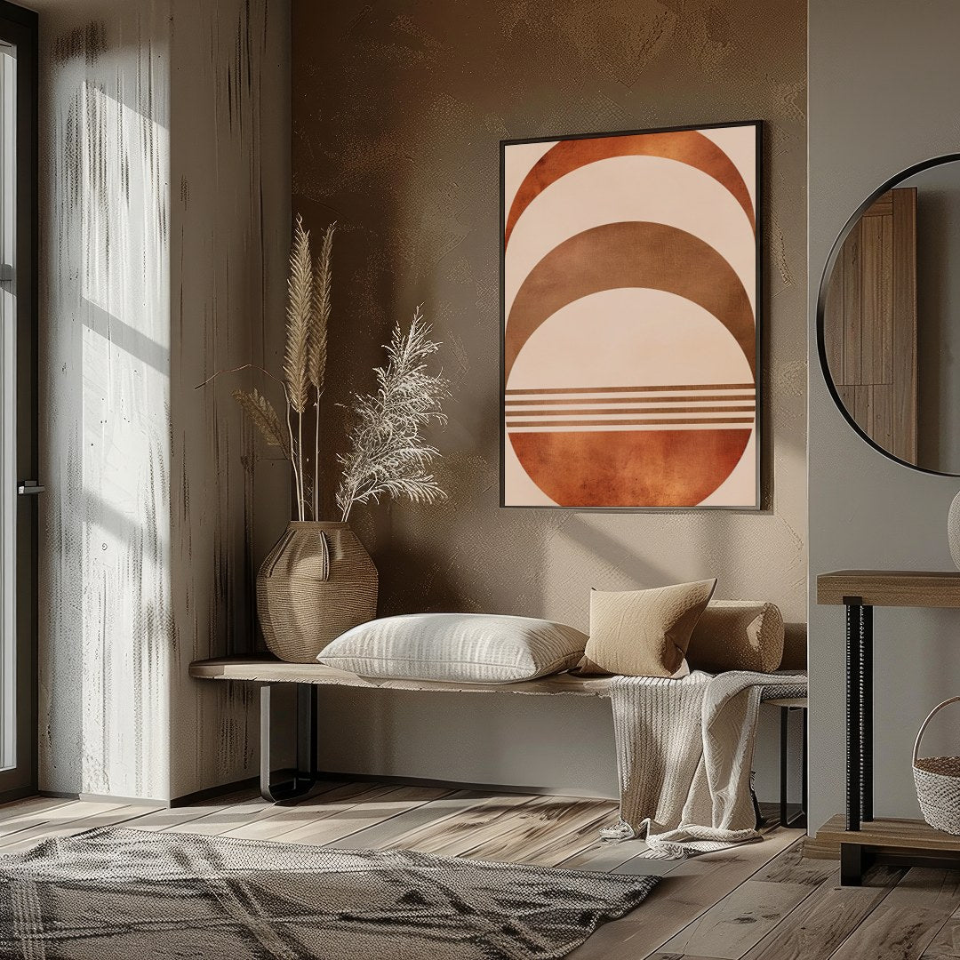 Elevate your space with this captivating rustic half-moon geometric artwork. Featuring a harmonious for nook