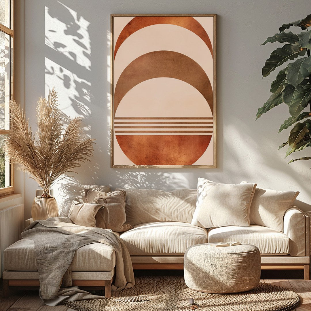 Elevate your space with this captivating rustic half-moon geometric artwork. Featuring a harmonious for Sitting Area