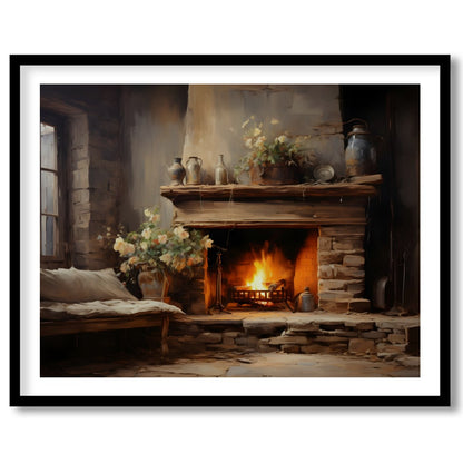 Warm up your space with this captivating depiction of a cozy fireplace scene. Rich earth tones and for area