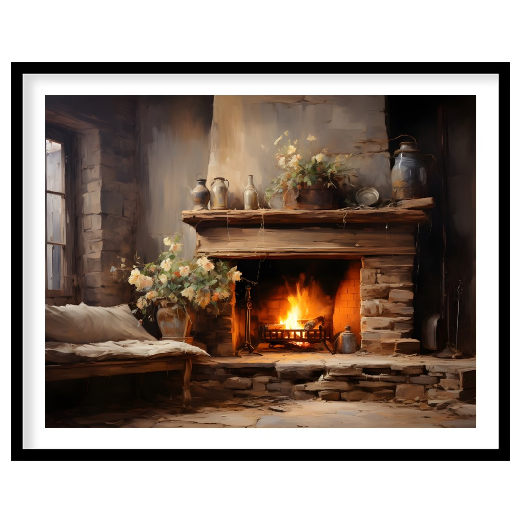 Warm up your space with this captivating depiction of a cozy fireplace scene. Rich earth tones and for area