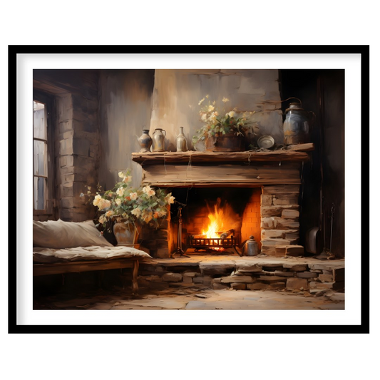 Warm up your space with this captivating depiction of a cozy fireplace scene. Rich earth tones and for area