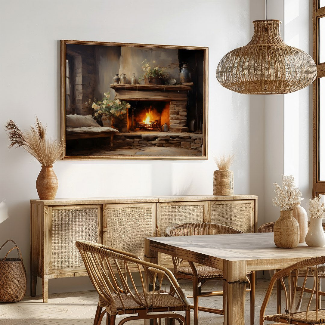 Warm up your space with this captivating depiction of a cozy fireplace scene. Rich earth tones and for Dining