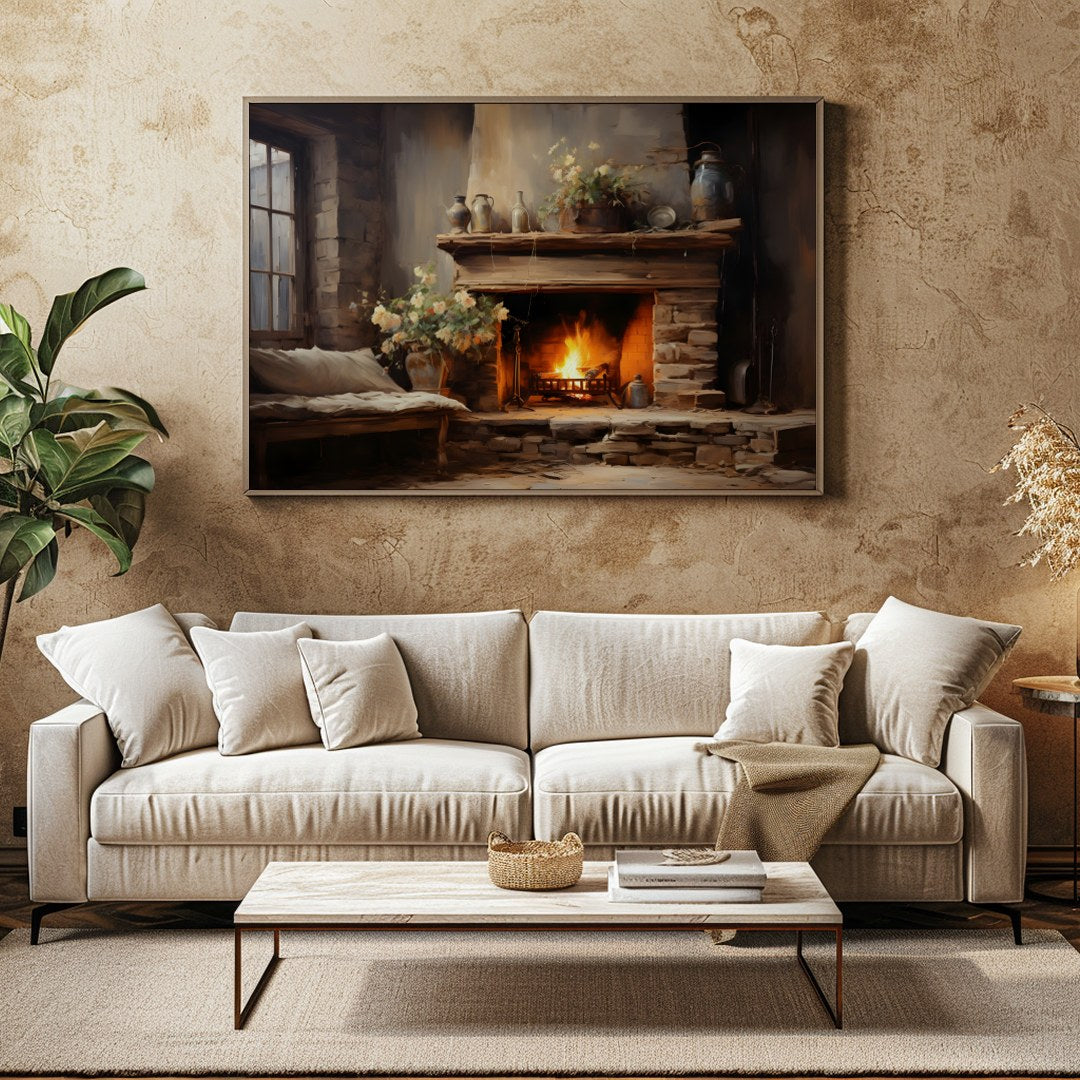 Warm up your space with this captivating depiction of a cozy fireplace scene. Rich earth tones and for Family Room