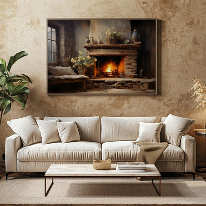 Warm up your space with this captivating depiction of a cozy fireplace scene. Rich earth tones and for Family Room
