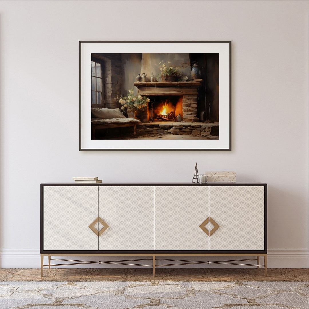 Warm up your space with this captivating depiction of a cozy fireplace scene. Rich earth tones and for Foyer