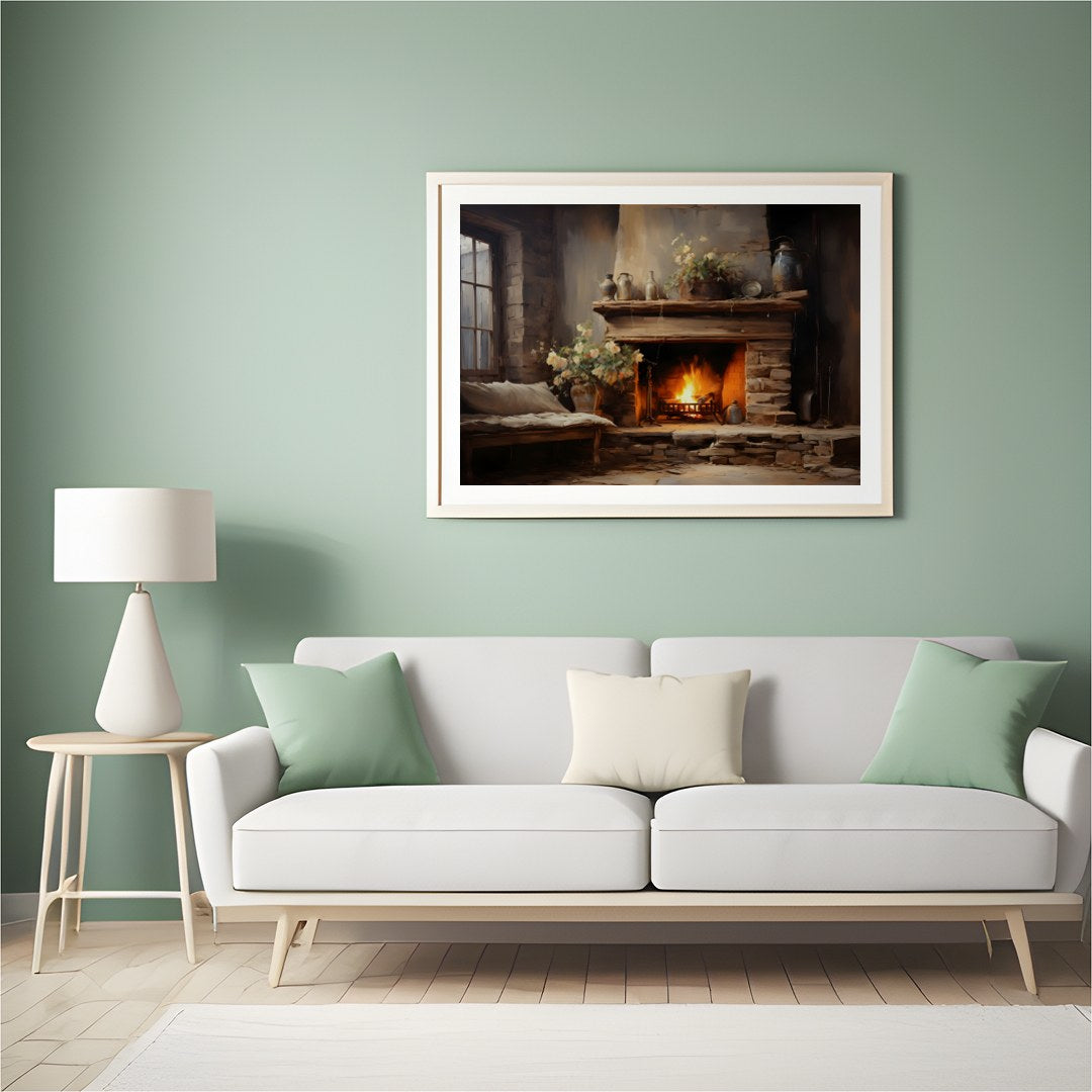 Warm up your space with this captivating depiction of a cozy fireplace scene. Rich earth tones and for Hall