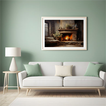 Warm up your space with this captivating depiction of a cozy fireplace scene. Rich earth tones and for Hall