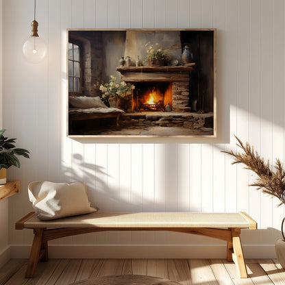 Warm up your space with this captivating depiction of a cozy fireplace scene. Rich earth tones and for Hallway