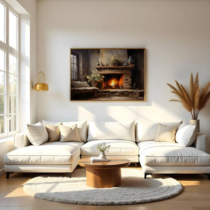 Warm up your space with this captivating depiction of a cozy fireplace scene. Rich earth tones and for Living Room