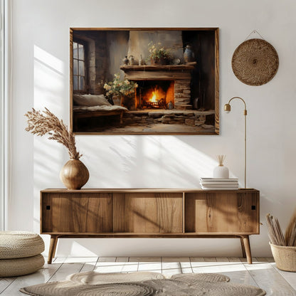 Warm up your space with this captivating depiction of a cozy fireplace scene. Rich earth tones and for Sitting Area