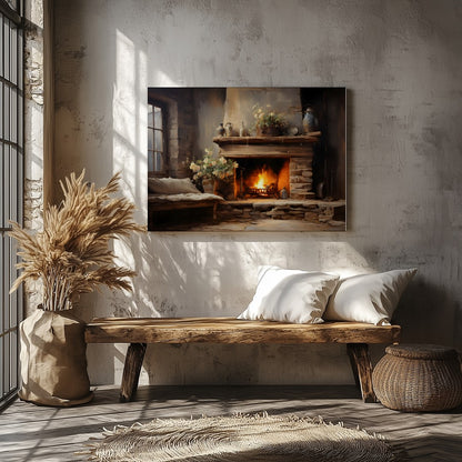 Warm up your space with this captivating depiction of a cozy fireplace scene. Rich earth tones and for Veranda