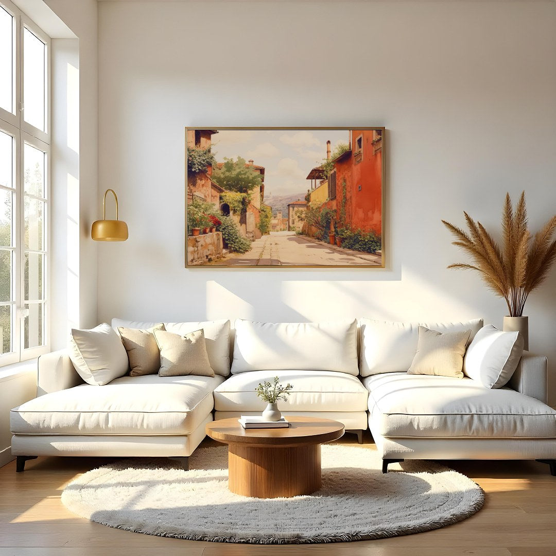 Immerse yourself in the quaint charm of a sun-drenched Italian alleyway with this stunning piece. for Living Room