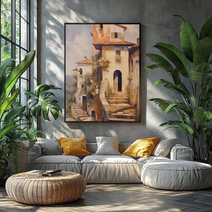 Immerse in the charm of a rustic Italian villa bathed in golden sunlight with this captivating art for Balcony