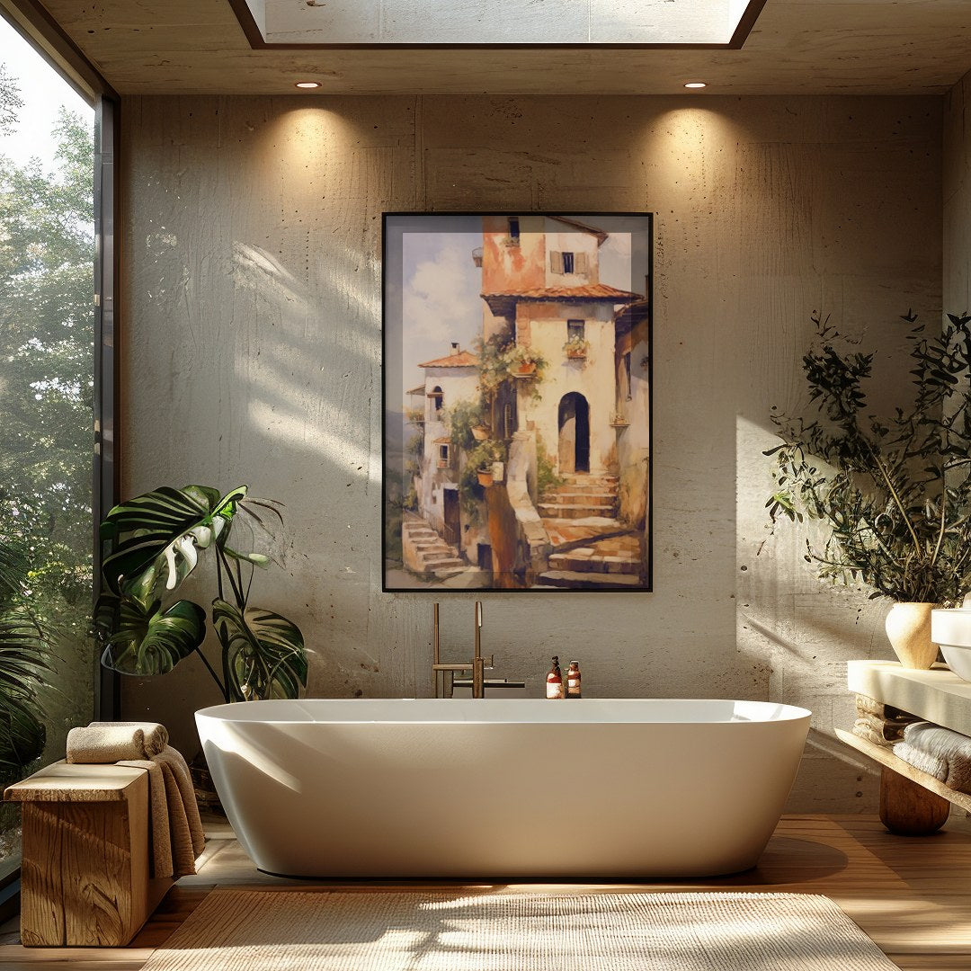 Immerse in the charm of a rustic Italian villa bathed in golden sunlight with this captivating art for Bathroom