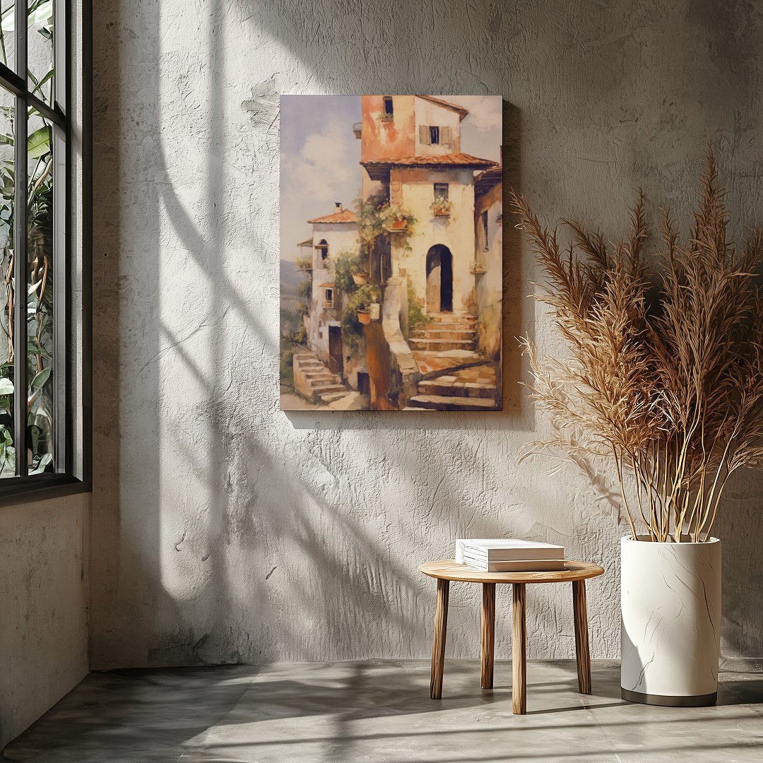 Immerse in the charm of a rustic Italian villa bathed in golden sunlight with this captivating art for Entrance