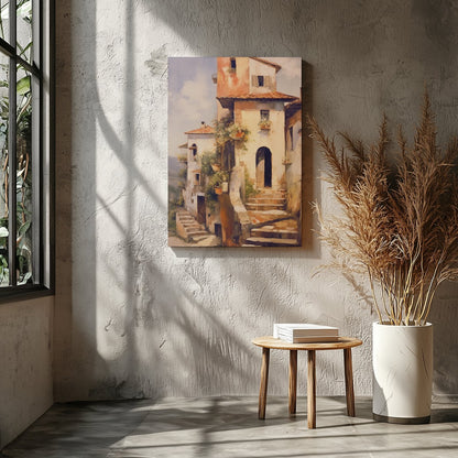 Immerse in the charm of a rustic Italian villa bathed in golden sunlight with this captivating art for Entrance