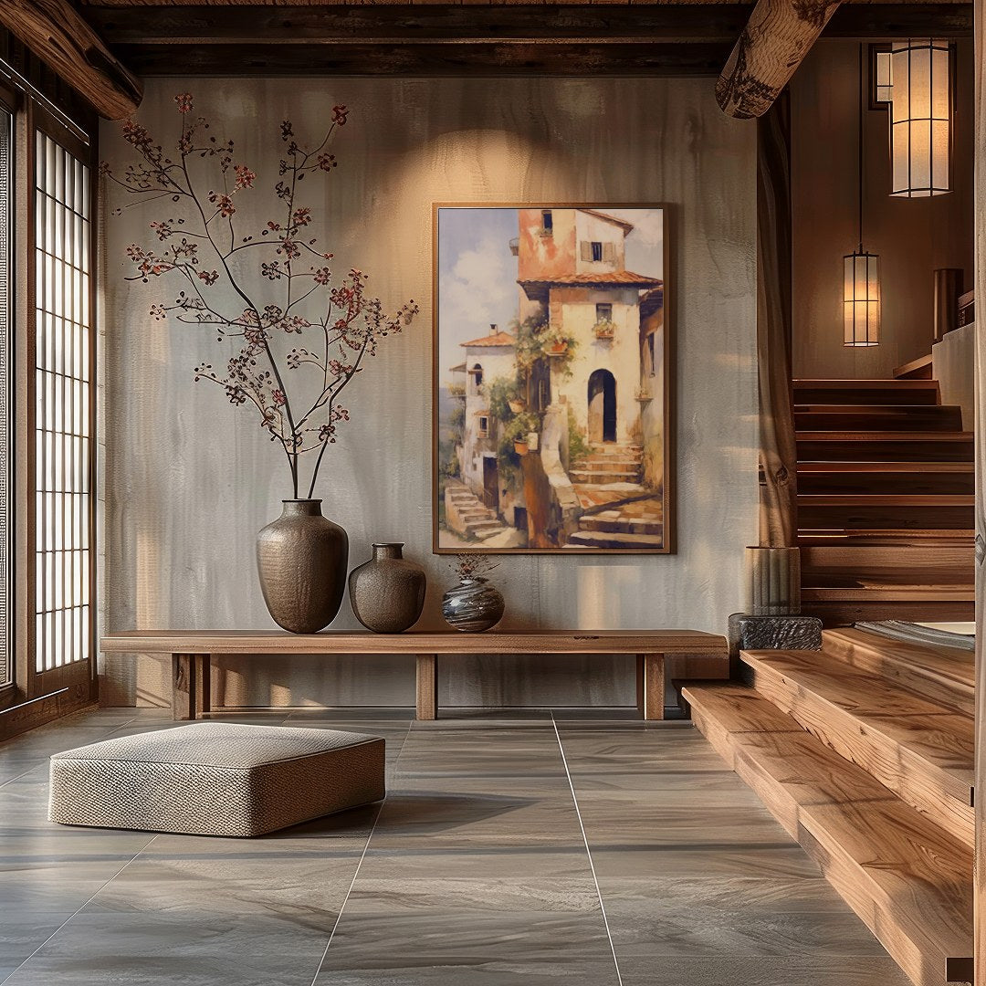 Immerse in the charm of a rustic Italian villa bathed in golden sunlight with this captivating art for Hall