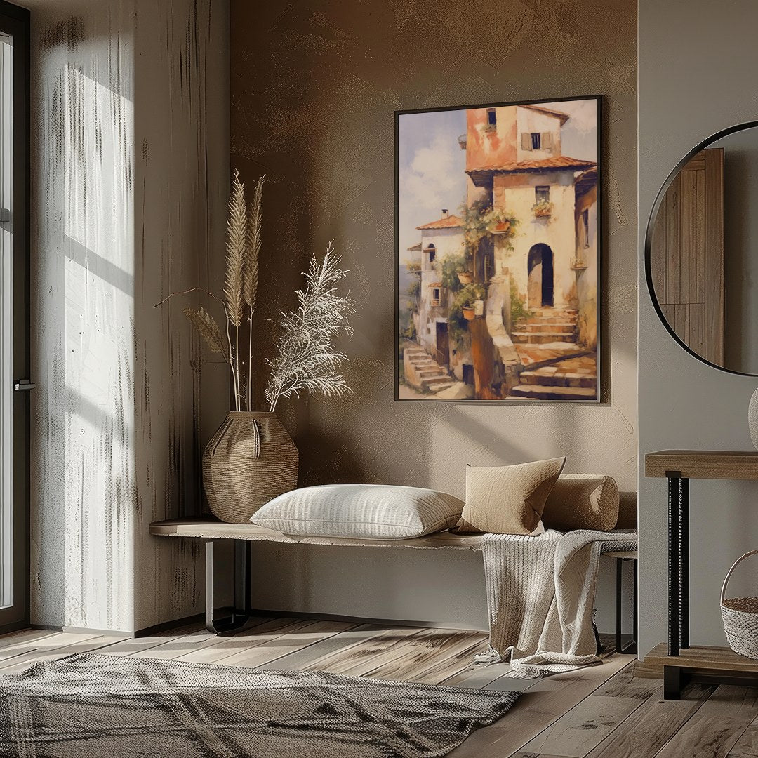 Immerse in the charm of a rustic Italian villa bathed in golden sunlight with this captivating art for hallway