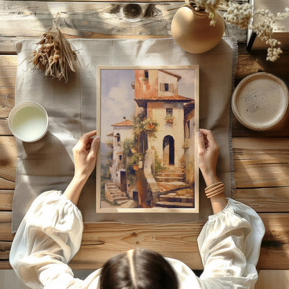 Immerse in the charm of a rustic Italian villa bathed in golden sunlight with this captivating art for Kitchen