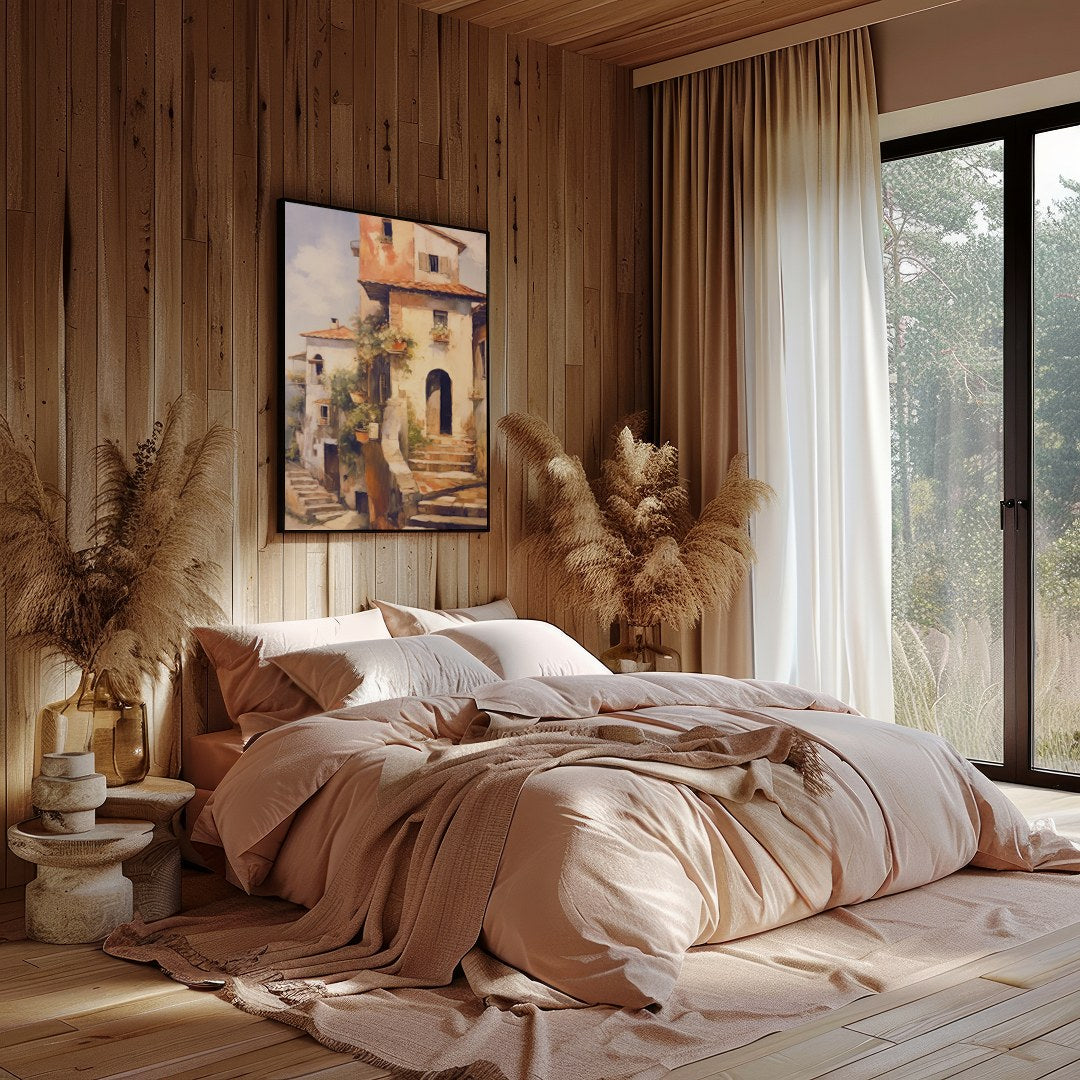 Immerse in the charm of a rustic Italian villa bathed in golden sunlight with this captivating art for office