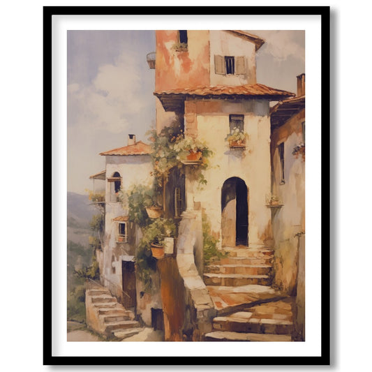 Immerse in the charm of a rustic Italian villa bathed in golden sunlight with this captivating art for room