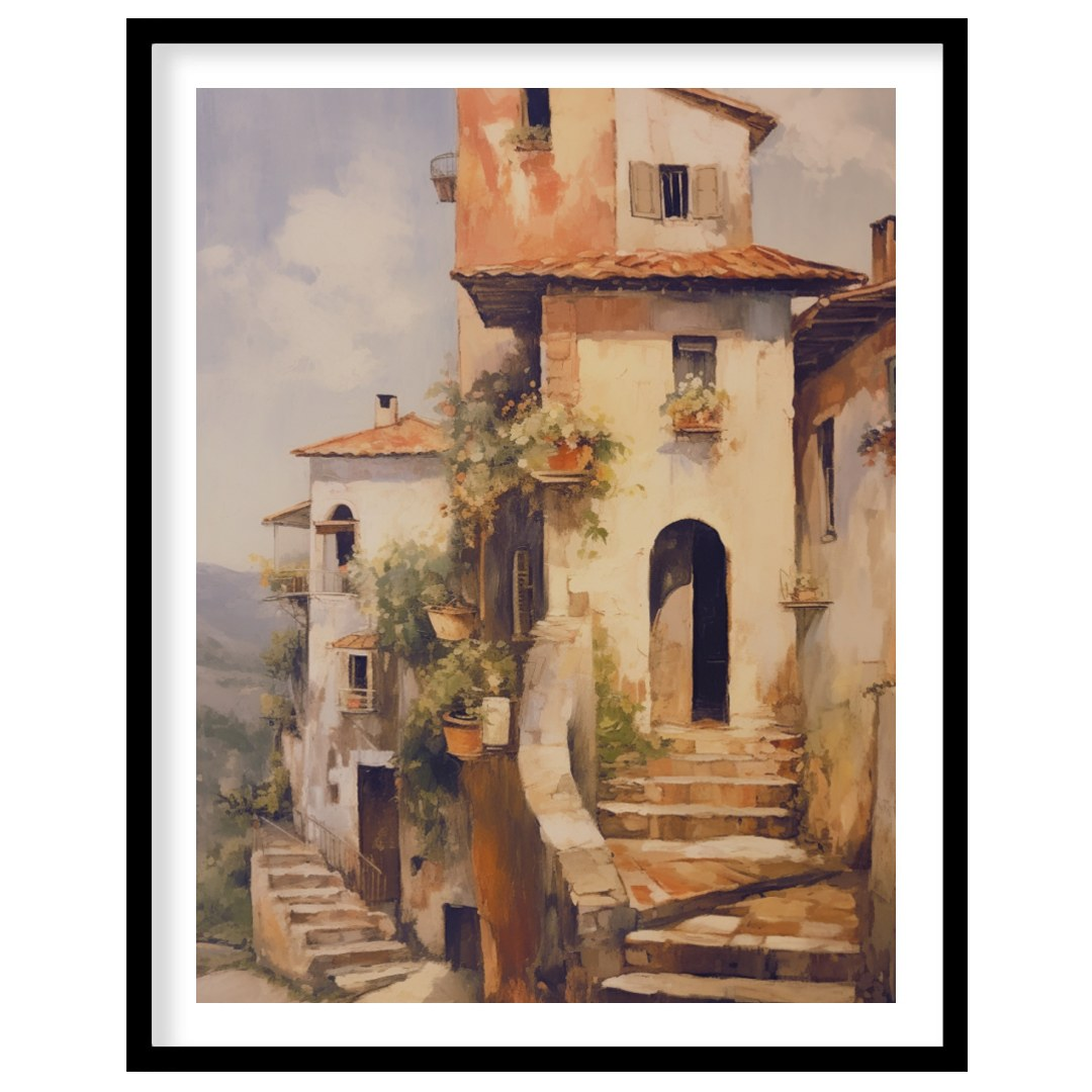 Immerse in the charm of a rustic Italian villa bathed in golden sunlight with this captivating art for room