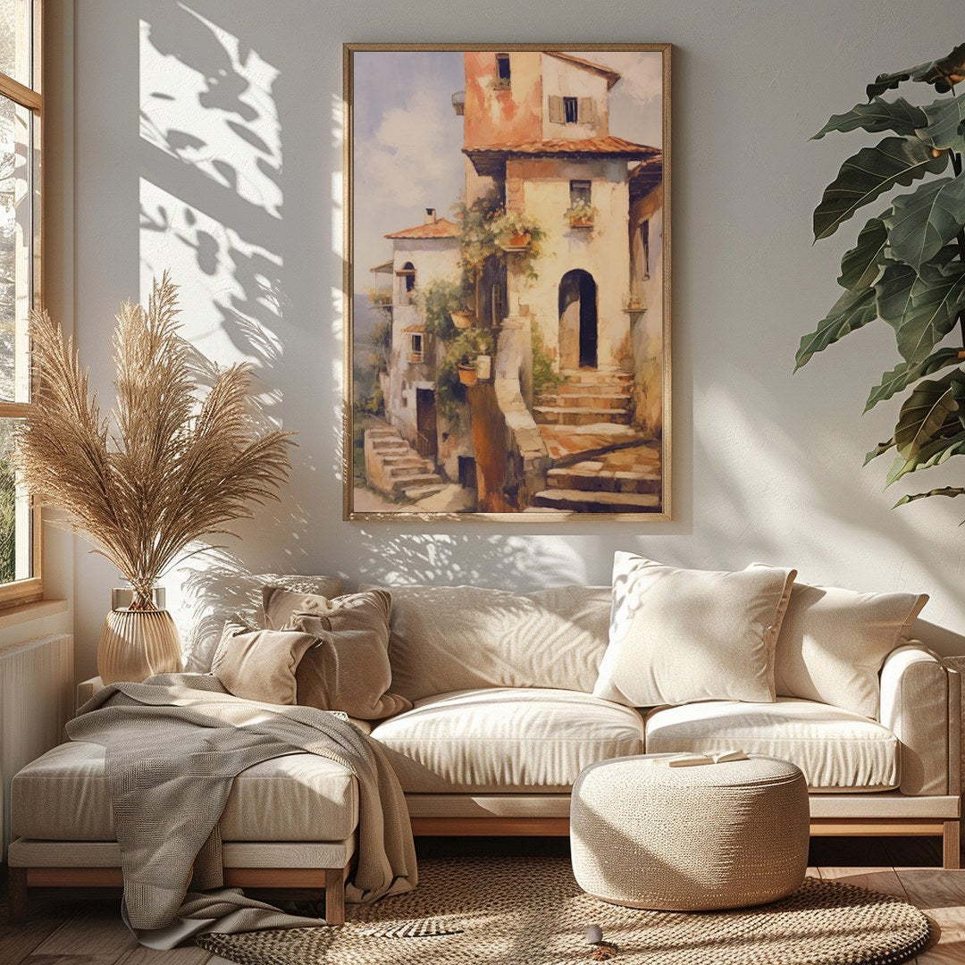 Immerse in the charm of a rustic Italian villa bathed in golden sunlight with this captivating art for Sitting Area