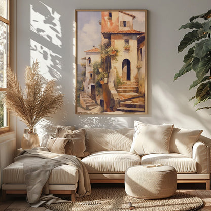 Immerse in the charm of a rustic Italian villa bathed in golden sunlight with this captivating art for Sitting Area