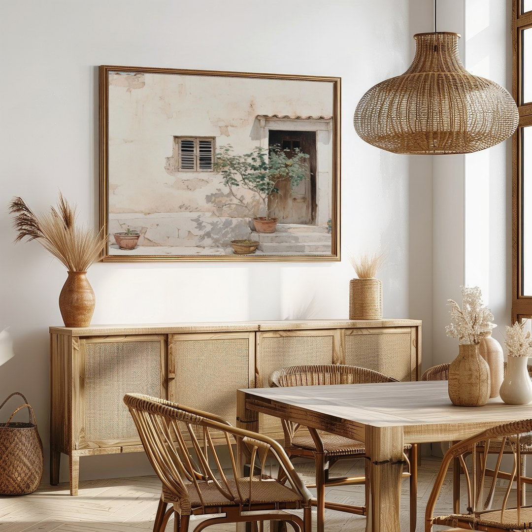 Embrace the warmth and tranquility of this Mediterranean-inspired wall art, showcasing a rustic for Dining