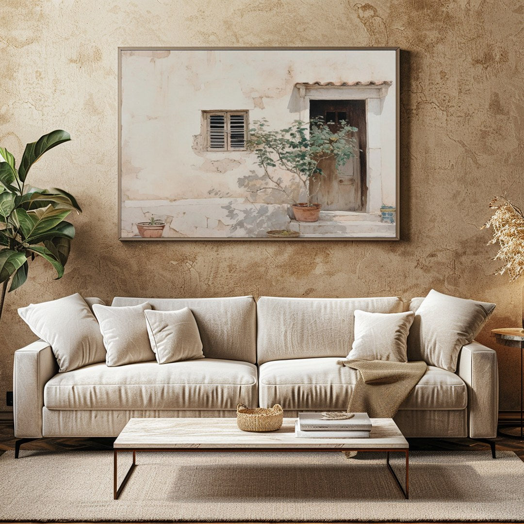 Embrace the warmth and tranquility of this Mediterranean-inspired wall art, showcasing a rustic for Family Room