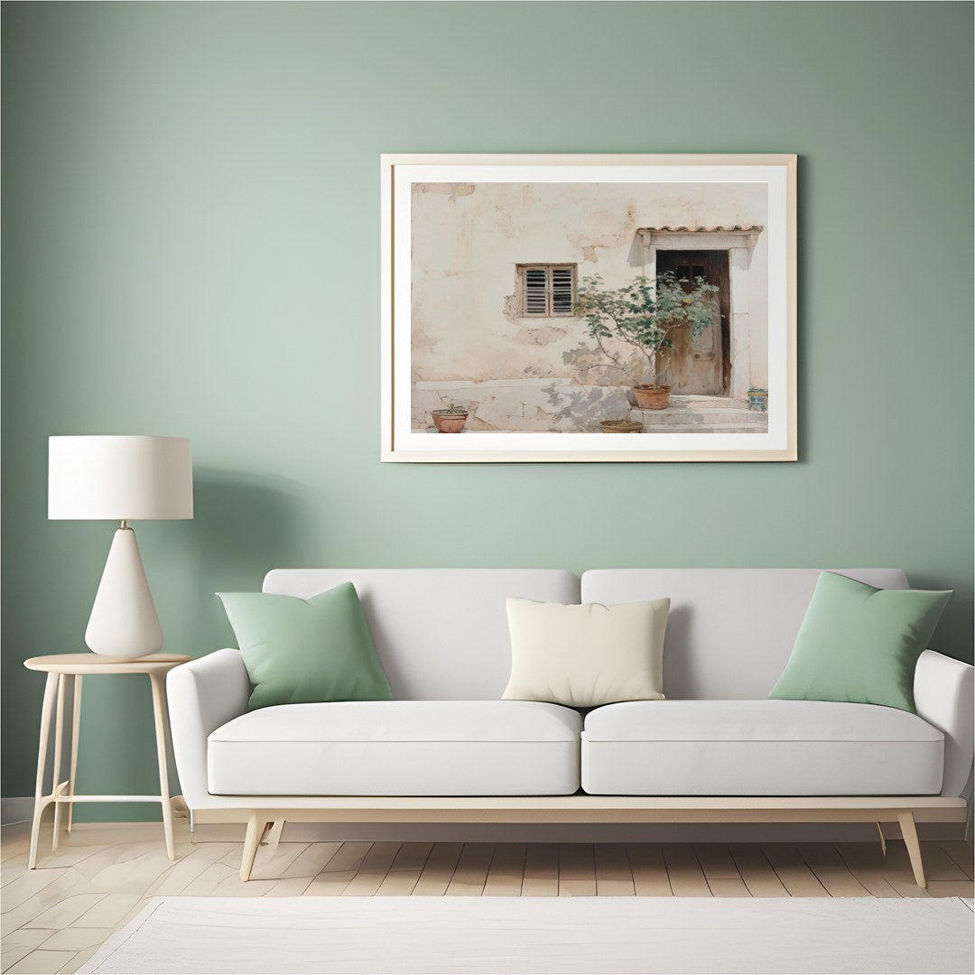 Embrace the warmth and tranquility of this Mediterranean-inspired wall art, showcasing a rustic for Hall