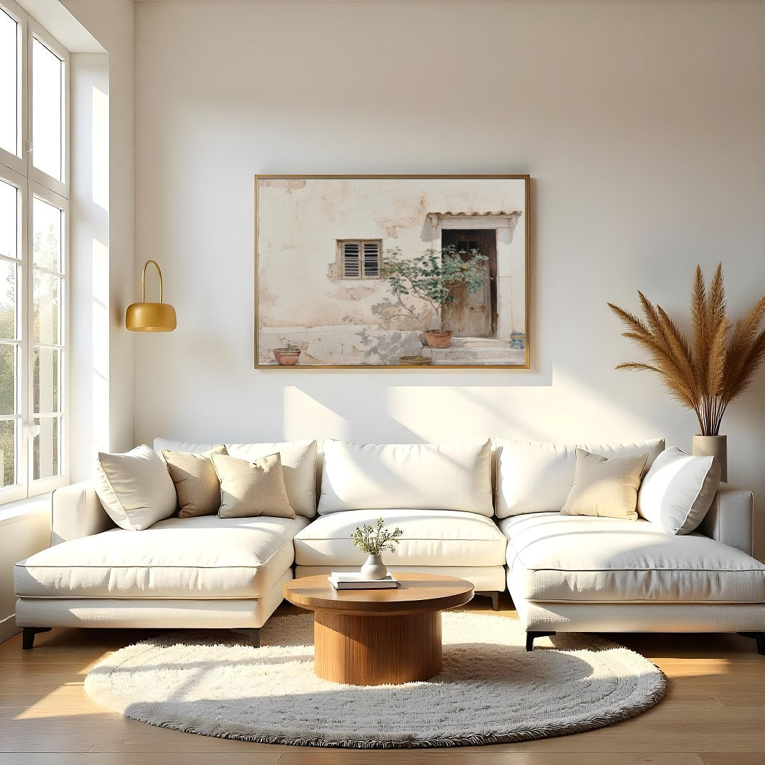 Embrace the warmth and tranquility of this Mediterranean-inspired wall art, showcasing a rustic for Living Room