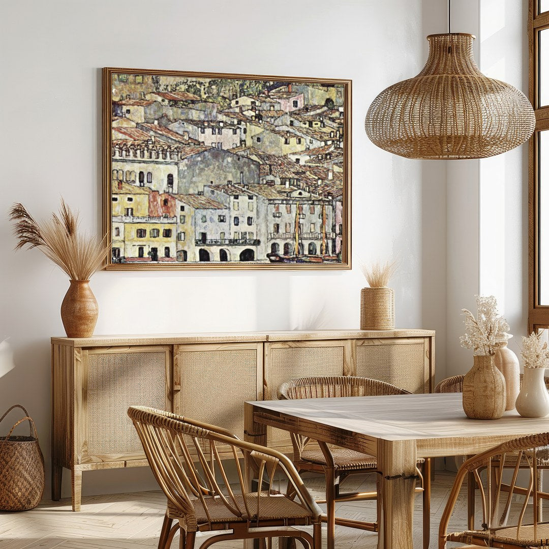 This captivating artwork portrays a charming Mediterranean village with rustic buildings, offering for Dining