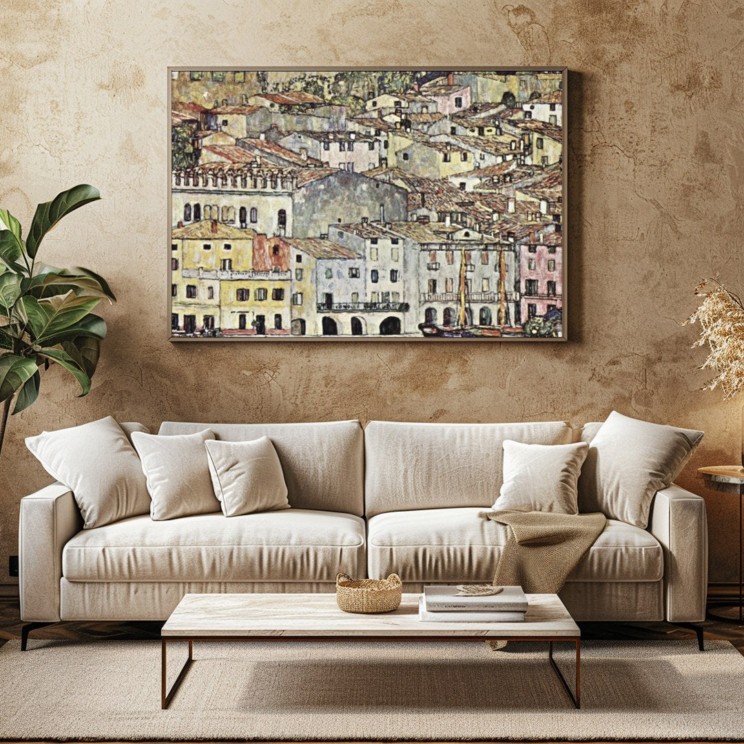 This captivating artwork portrays a charming Mediterranean village with rustic buildings, offering for Family Room