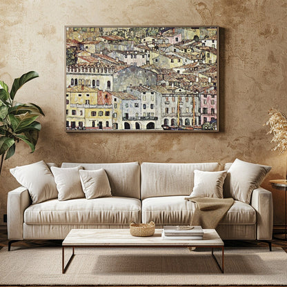 This captivating artwork portrays a charming Mediterranean village with rustic buildings, offering for Family Room