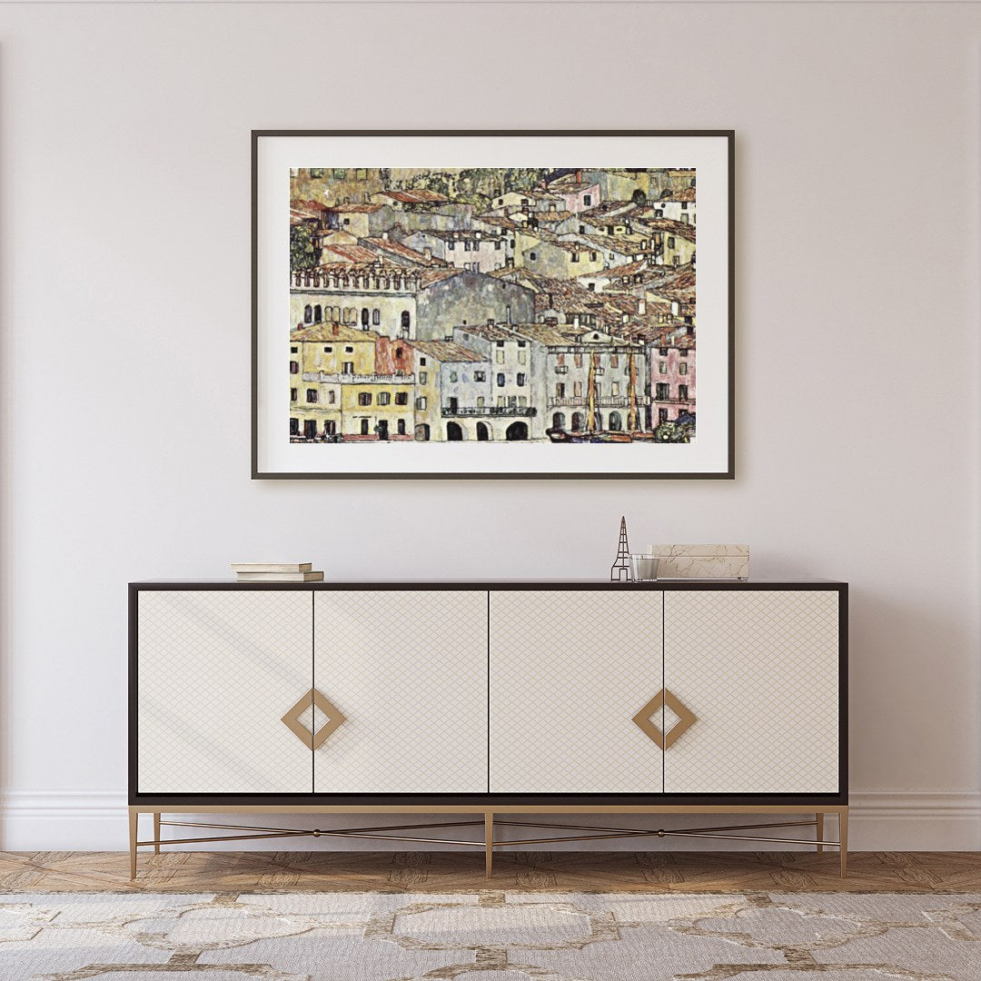 This captivating artwork portrays a charming Mediterranean village with rustic buildings, offering for Foyer