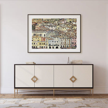 This captivating artwork portrays a charming Mediterranean village with rustic buildings, offering for Foyer