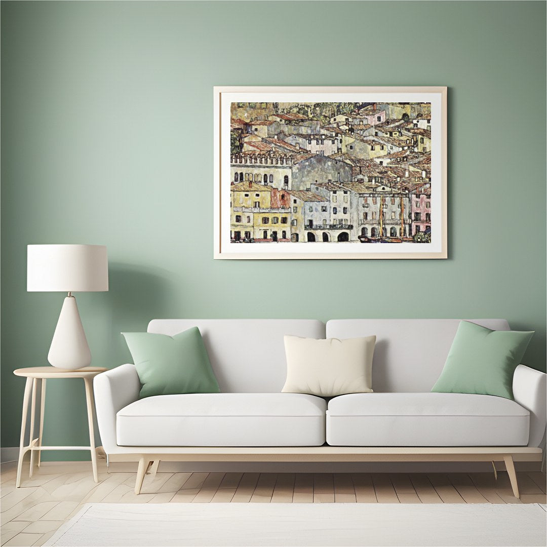This captivating artwork portrays a charming Mediterranean village with rustic buildings, offering for Hall