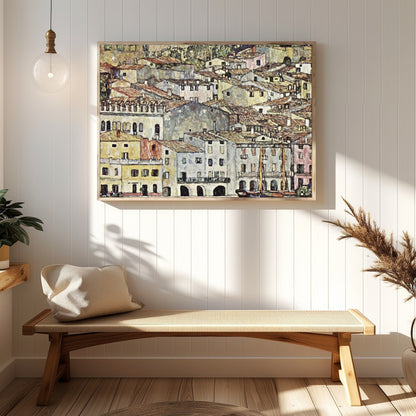This captivating artwork portrays a charming Mediterranean village with rustic buildings, offering for Hallway