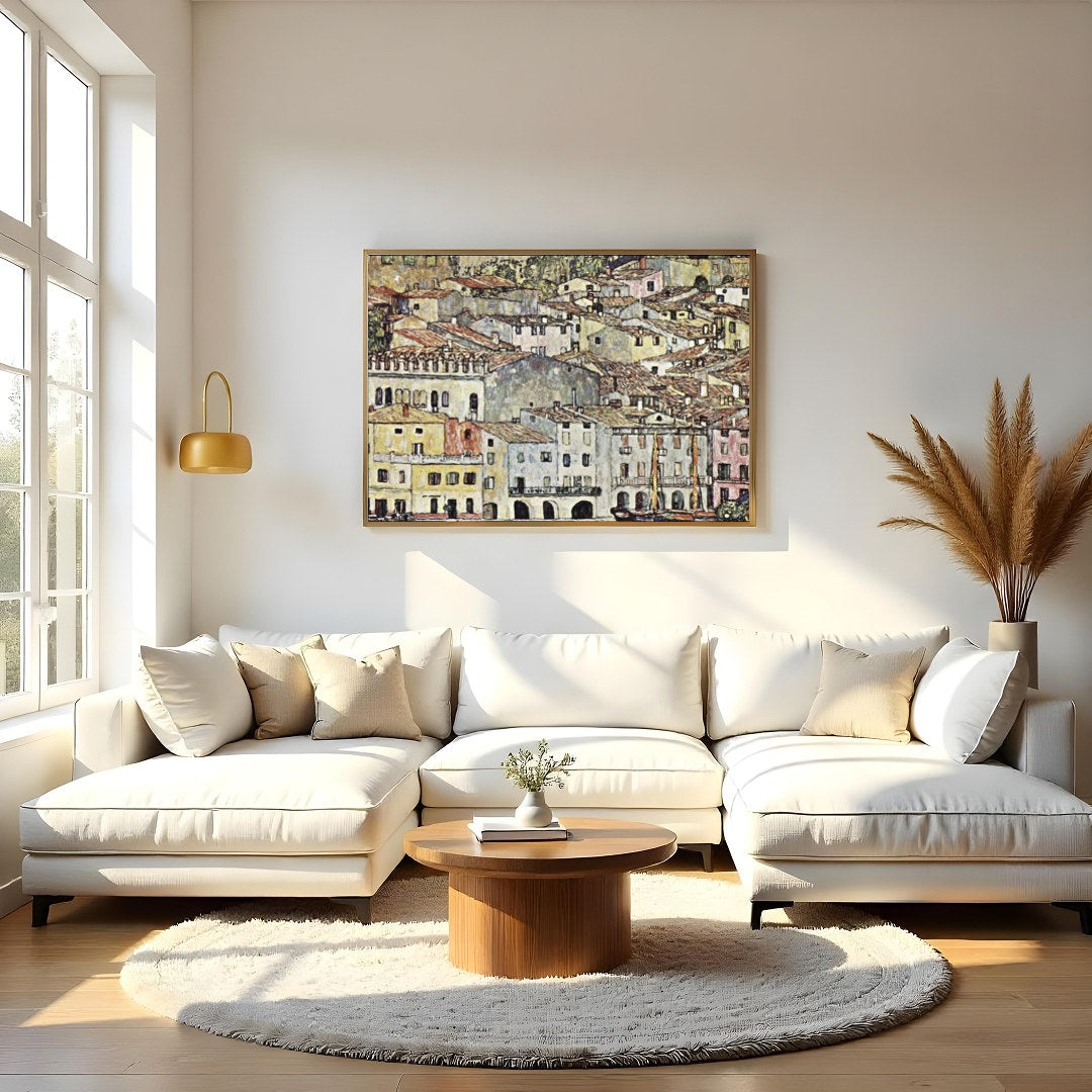 This captivating artwork portrays a charming Mediterranean village with rustic buildings, offering for Living Room