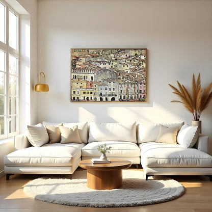 This captivating artwork portrays a charming Mediterranean village with rustic buildings, offering for Living Room