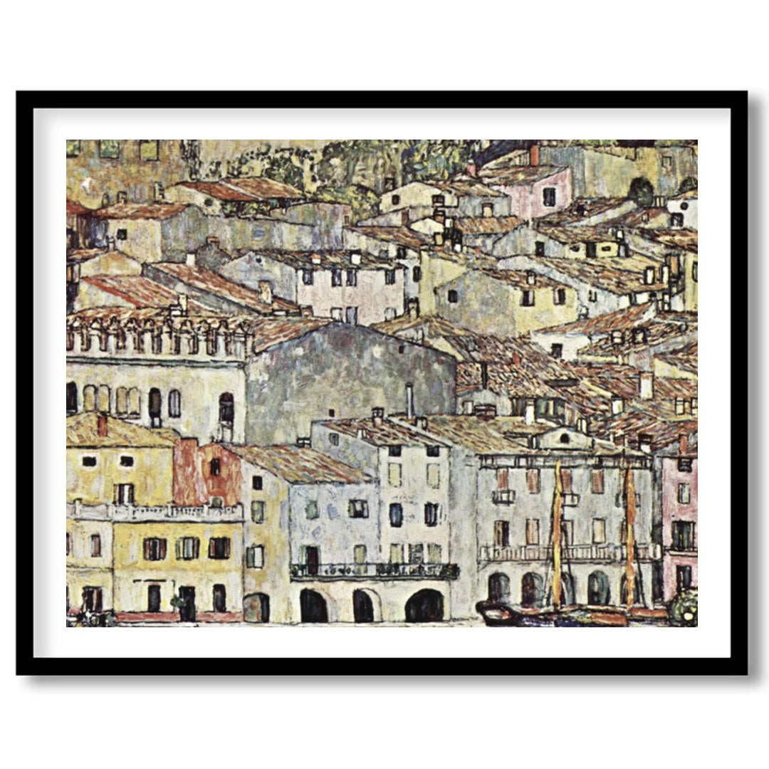 This captivating artwork portrays a charming Mediterranean village with rustic buildings, offering for room