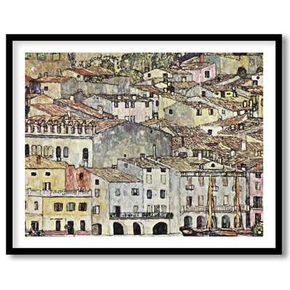 This captivating artwork portrays a charming Mediterranean village with rustic buildings, offering for room