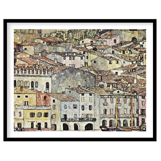 This captivating artwork portrays a charming Mediterranean village with rustic buildings, offering for room
