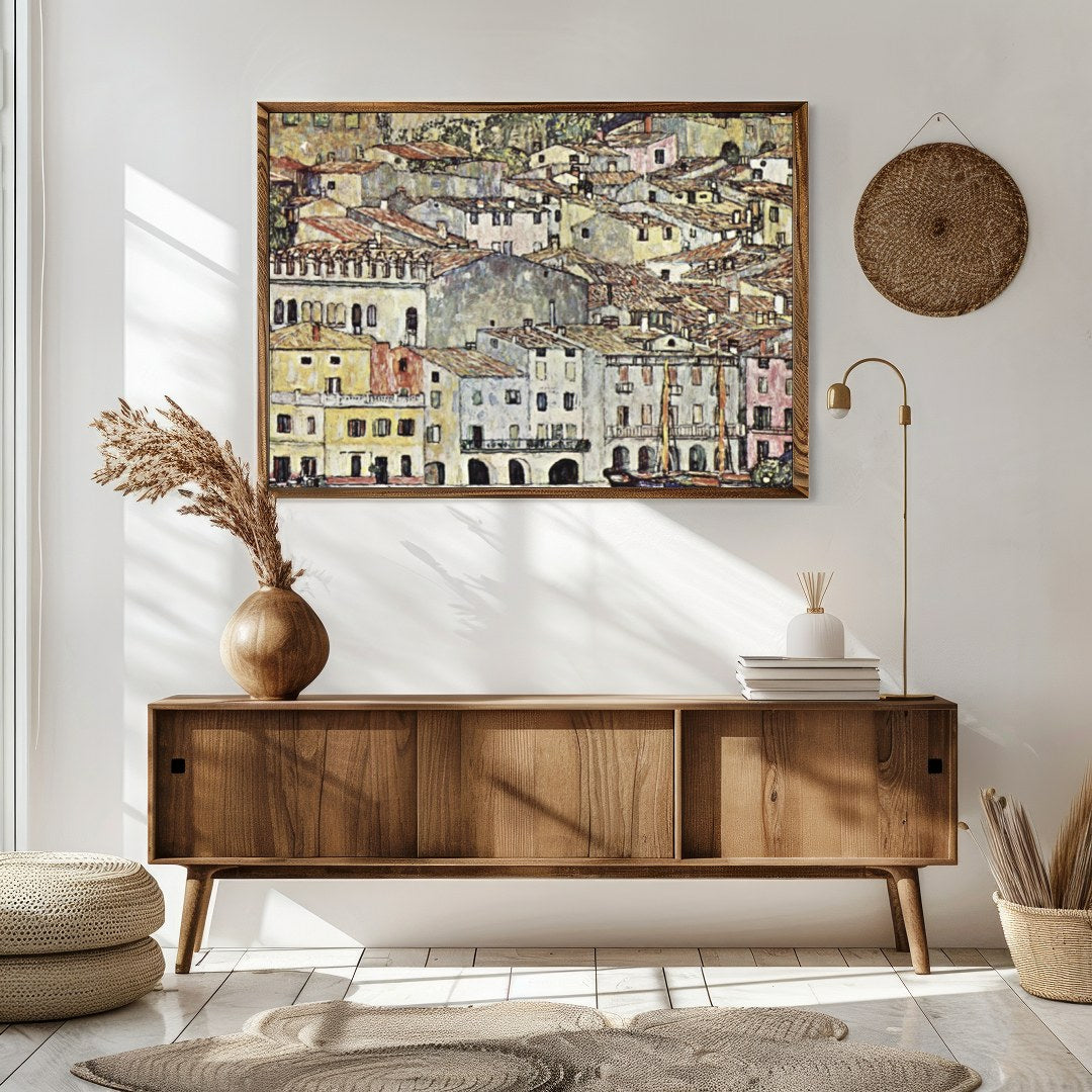 This captivating artwork portrays a charming Mediterranean village with rustic buildings, offering for Sitting Area