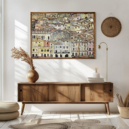 This captivating artwork portrays a charming Mediterranean village with rustic buildings, offering for Sitting Area