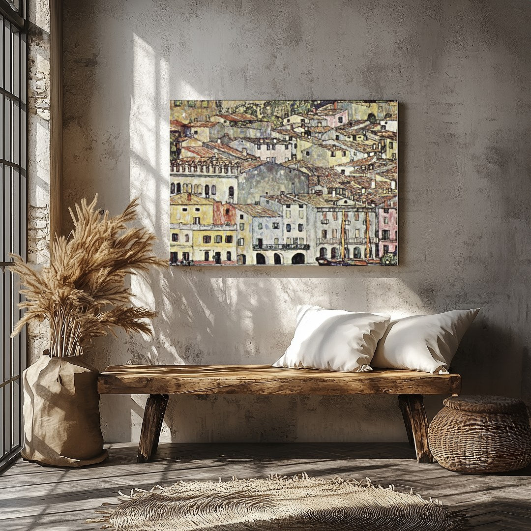 This captivating artwork portrays a charming Mediterranean village with rustic buildings, offering for Veranda