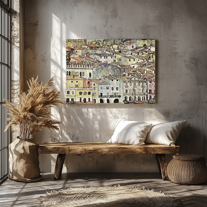 This captivating artwork portrays a charming Mediterranean village with rustic buildings, offering for Veranda