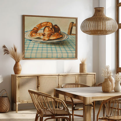 Bring a touch of rustic charm to your space with this quaint depiction of croissants resting on a for Dining