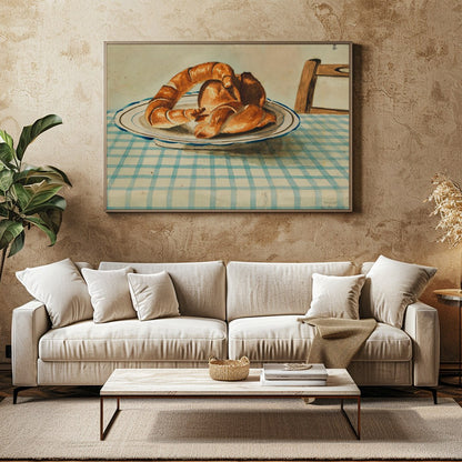 Bring a touch of rustic charm to your space with this quaint depiction of croissants resting on a for Family Room